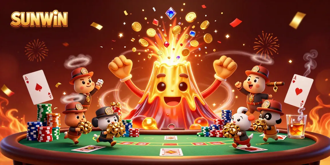 SUNWIN showcases a captivating 3D casino scene with a golden volcano and poker elements, engaging players.