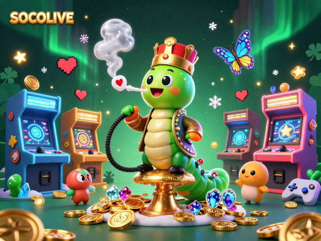 SOCOLIVE showcases an animated caterpillar in a casino scene, symbolizing high stakes and fun.