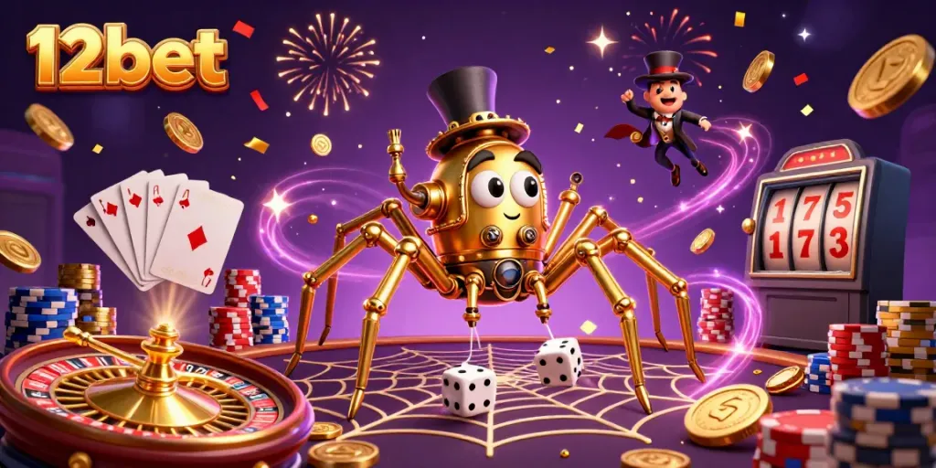 Spin to win with 12bet on a dynamic slot scene featuring golden chains and colorful poker chips.
