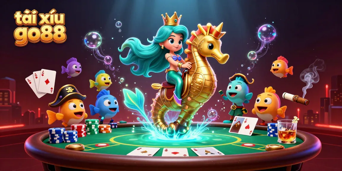 Engage with tài xỉu go88 as colorful characters battle at a lively poker table set in a magical underwater realm.