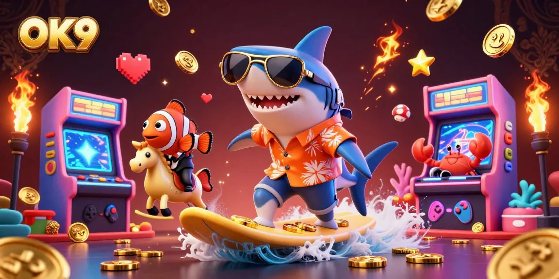 Experience fun at OK9 with a shark surfing coins, showcasing casino-themed excitement.