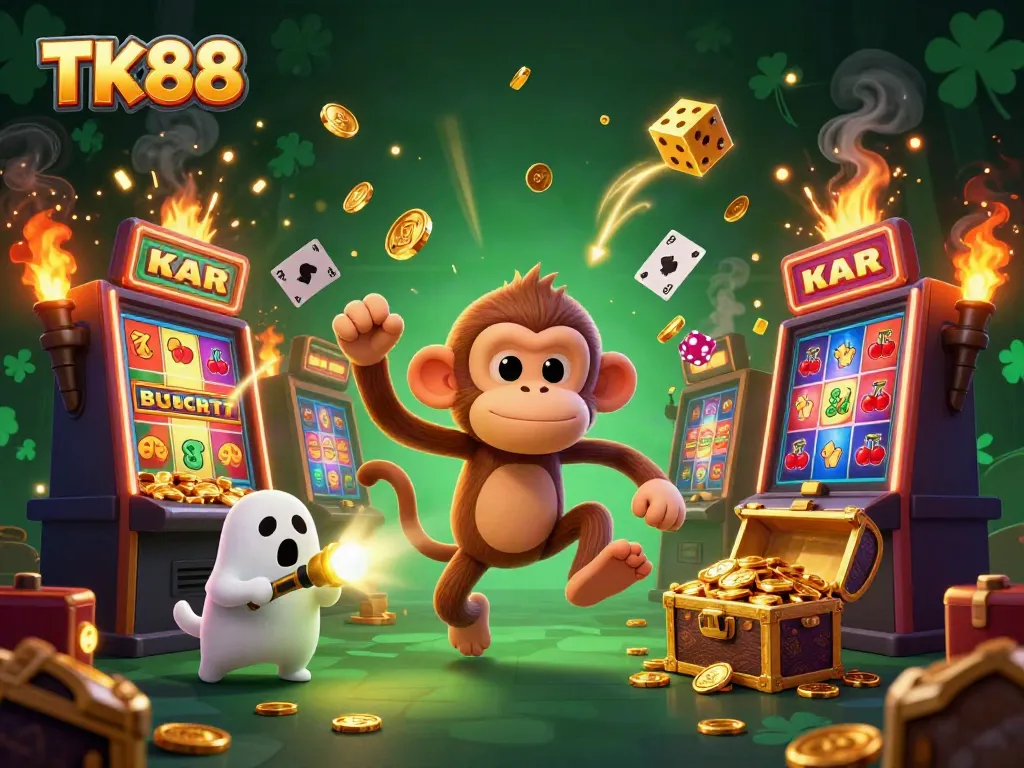 Experience TK88 in a vibrant casino adventure featuring a poltergeist monkey and ghost-hunter puppy.