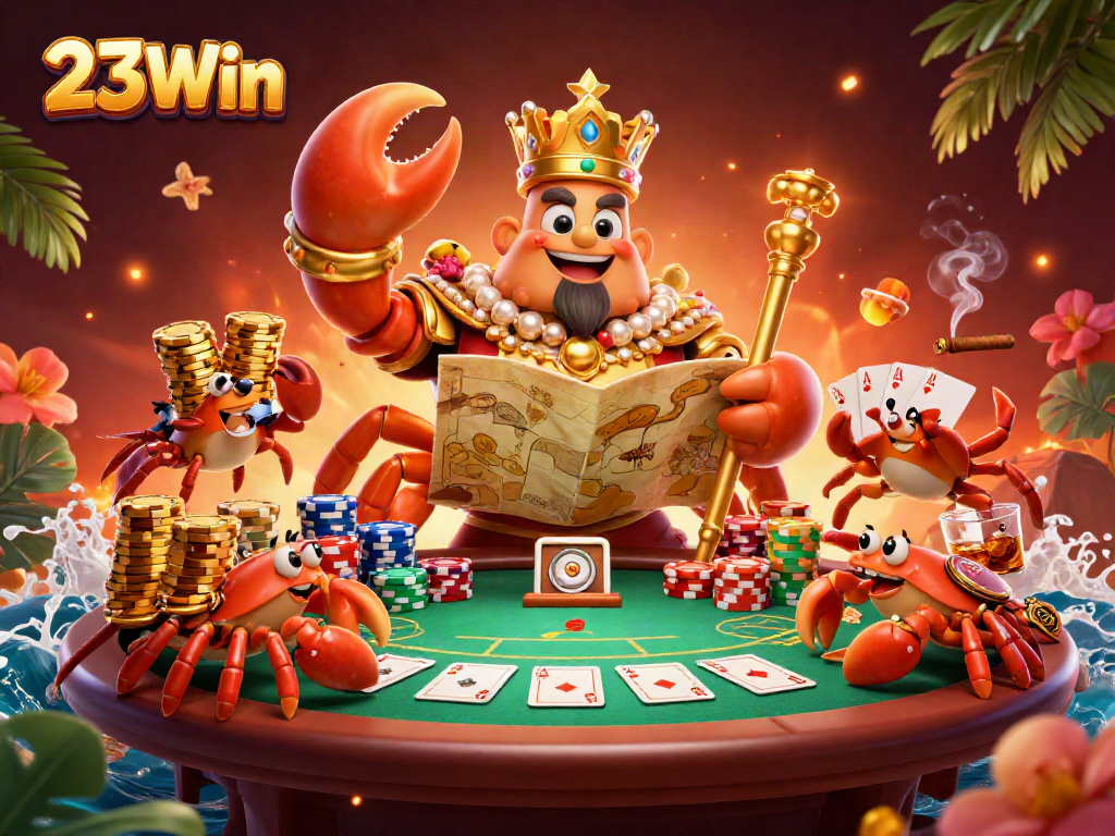 Engage in thrilling gameplay at 23Win with vibrant poker elements and crab emperor illustration.