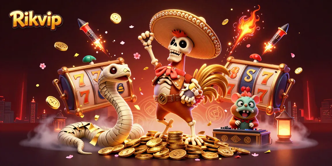 Rikvip themed illustration featuring a festive mariachi rooster on slot reels, celebrating a big win.