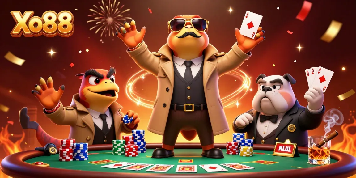 Join the fun at Xo88 with raptors sneaking into a VIP casino lounge, amidst poker excitement.