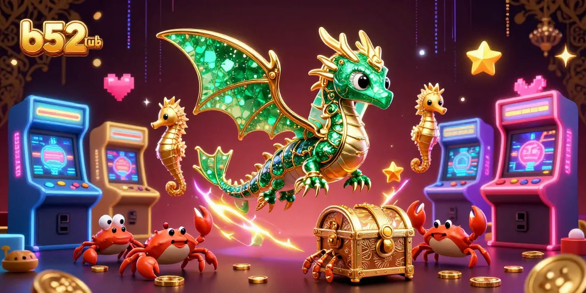 B52club showcases a vibrant, dynamic scene featuring a majestic leafy sea dragon, arcade machines, and treasure, highlighting thrilling gaming adventures.