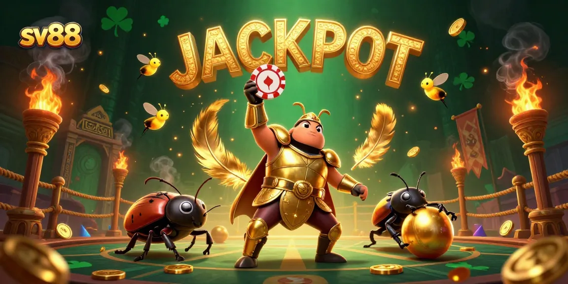 sv88 reveals a victorious hercules beetle lifting a poker chip in an animated casino context.