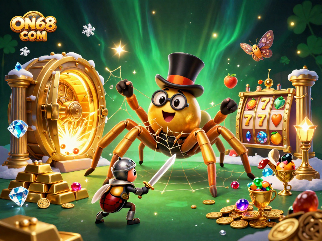 Experience the excitement at ON68 COM as a golden tarantula weaves casino webs amidst treasures.