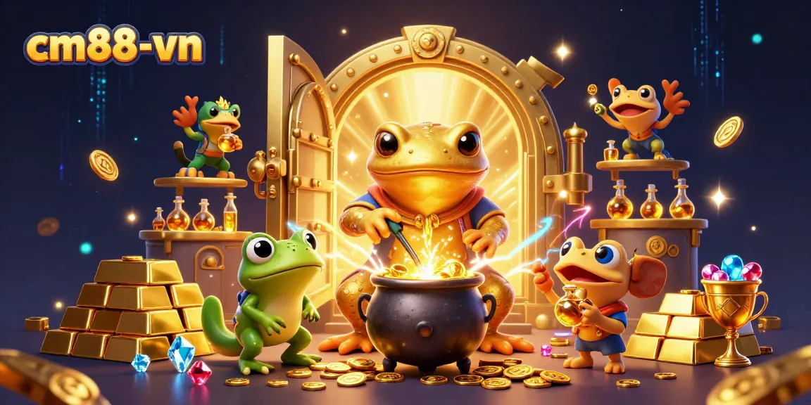 Experience thrilling online gaming action with cm88-vn, showcasing magical gold coins and dazzling treasures.