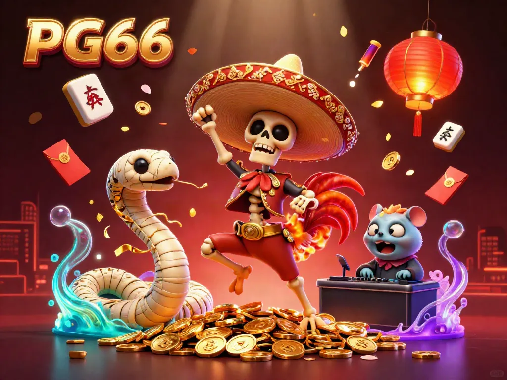Experience the vibrant energy of PG66 casino with dynamic characters celebrating on golden coins.