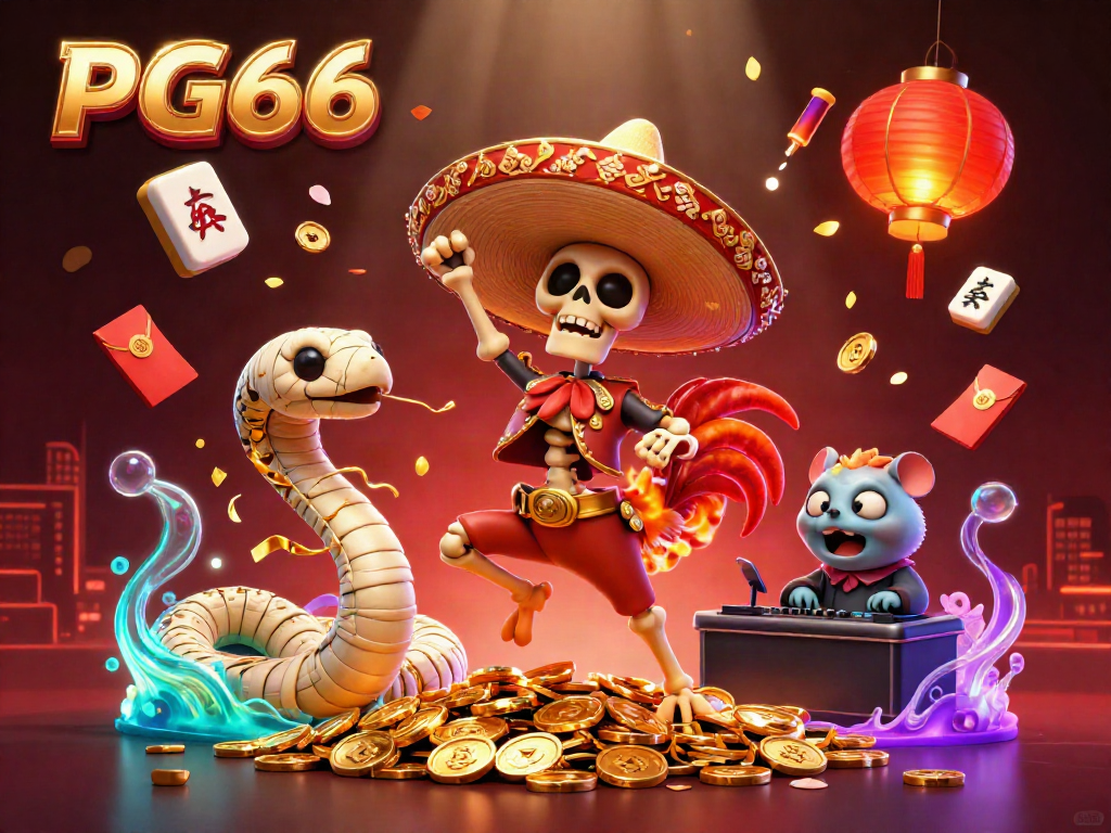 Experience the vibrant energy of PG66 casino with dynamic characters celebrating on golden coins.
