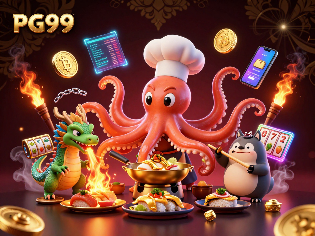 Experience the thrill of PG99 with a lively casino scene featuring a sushi chef octopus cooking under a dragon's flames.