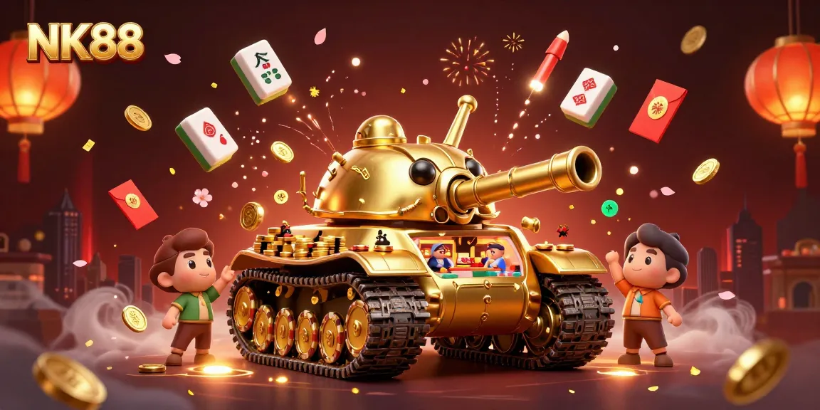 Experience endless fun at NK88 with a 3D casino scene featuring festive elements and unique characters.