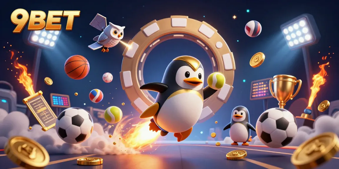 Engage in thrilling 9BET adventures with a golden penguin soaring through a dynamic casino landscape.