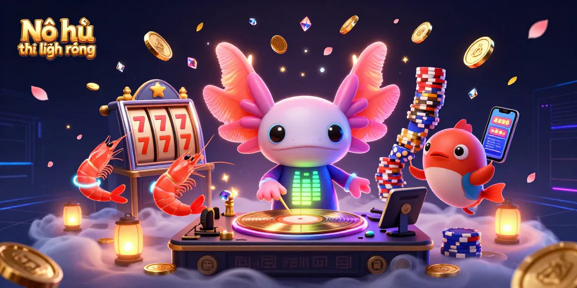Nổ hũ thủ lĩnh rồng with a vibrant underwater scene showcasing the DJ axolotl and party shrimp spinning jackpot excitement.