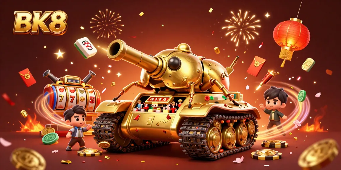 Experience thrilling slots at BK8 with a vibrant and dynamic illustration of a golden beetle tank casino.