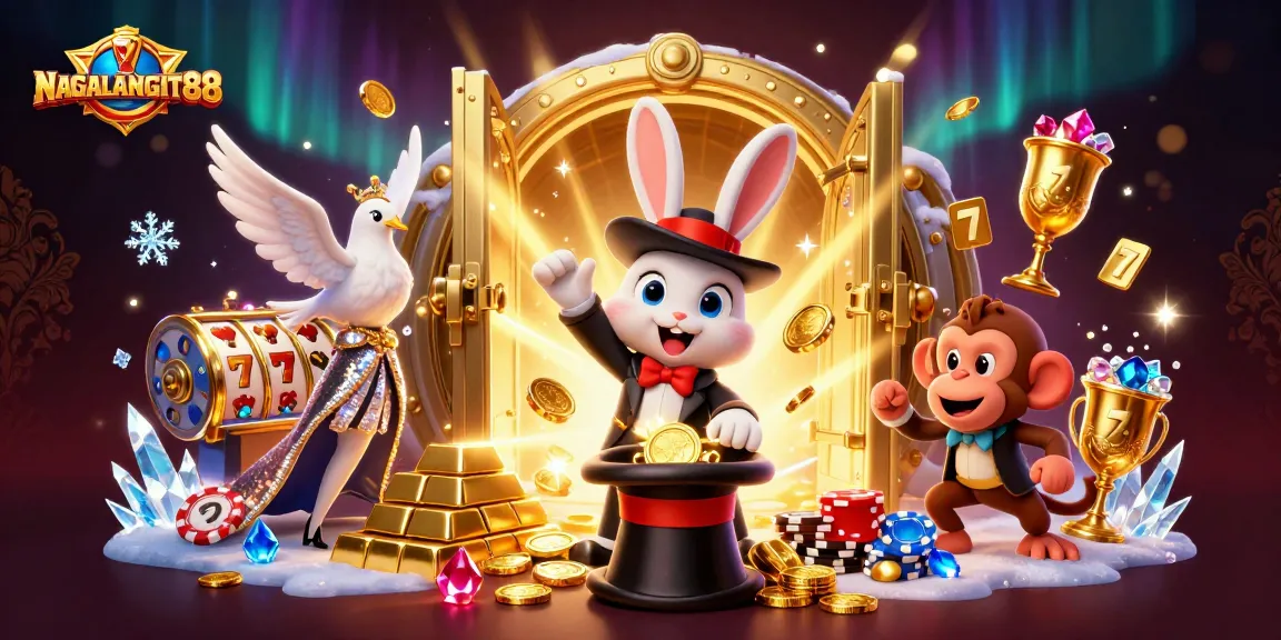 NAGALANGIT88 showcases thrilling slot action with a magician rabbit, sparkling coins, and a vibrant casino atmosphere.