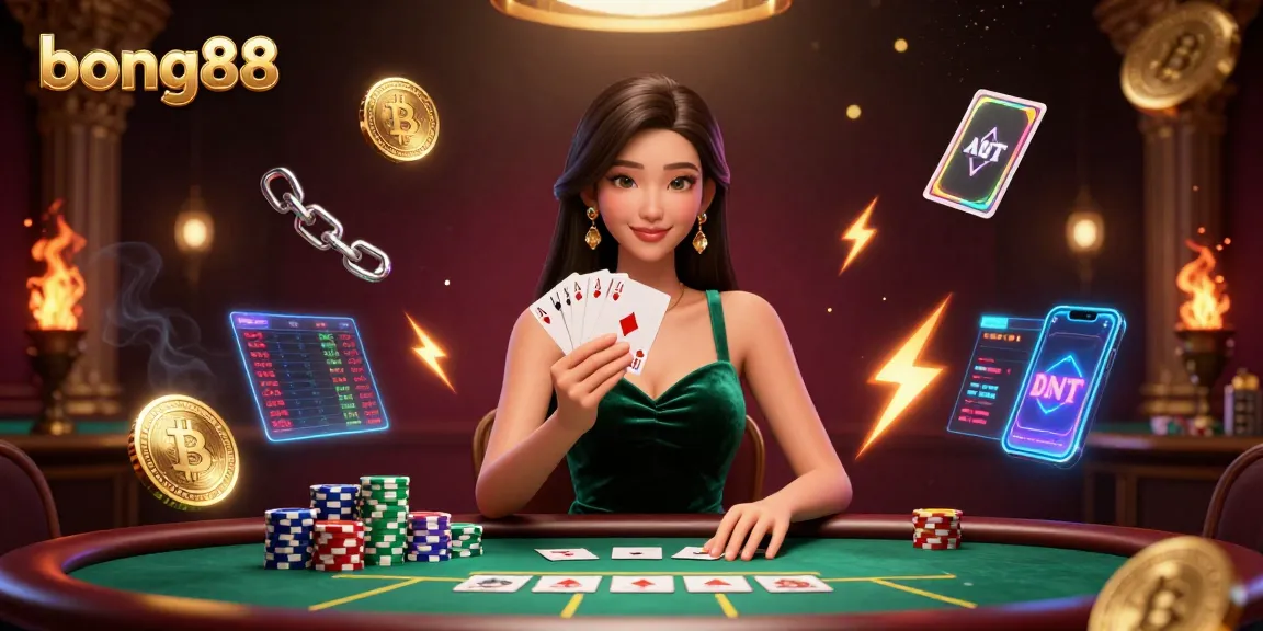 Bong88 poker scene showcasing a beautiful Asian woman holding cards at a luxury table with vibrant crypto elements.