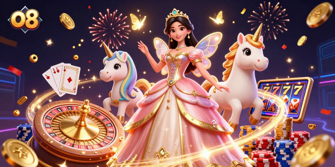 Experience thrilling wins at o8 with vibrant 3D casino illustration featuring Asian princess and golden unicorn.