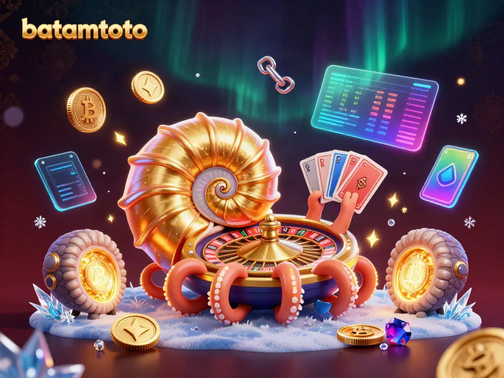 Experience the vibrant world of batamtoto, where a giant nautilus roulette wheel interacts with glowing crypto elements.