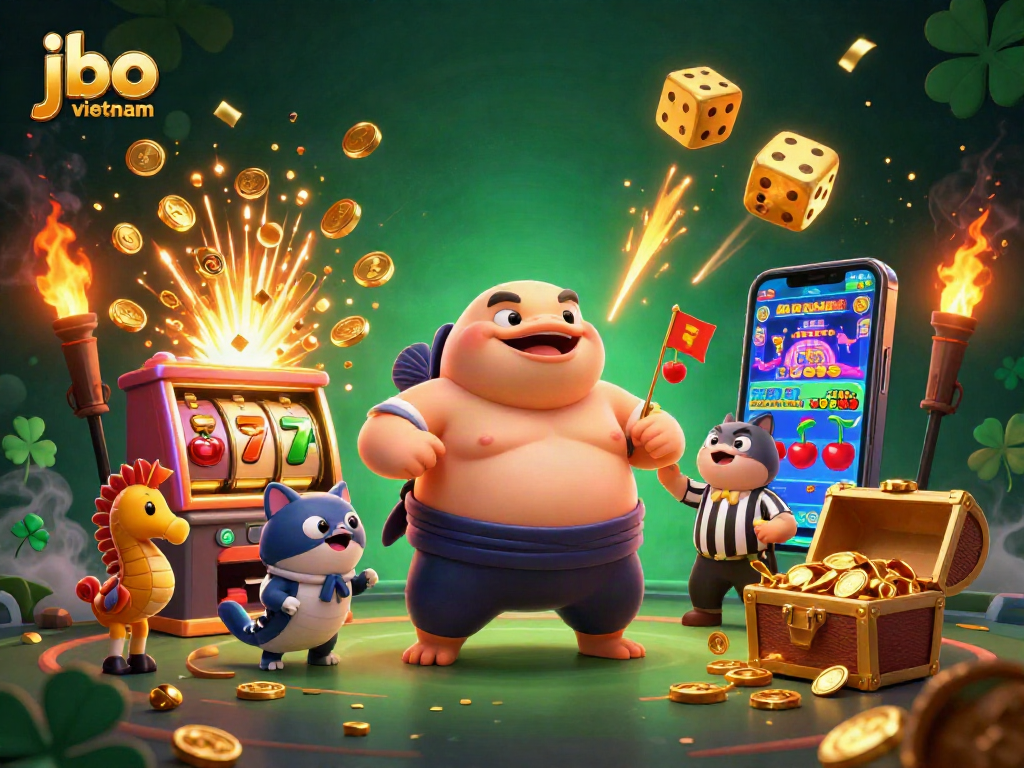 Experience big wins at JBO Vietnam with this vibrant casino-themed 3D illustration showcasing exciting gameplay.