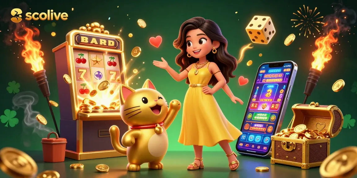 Experience the excitement of socolive as a beautiful woman interacts with a lucky cat amidst a vibrant casino scene.