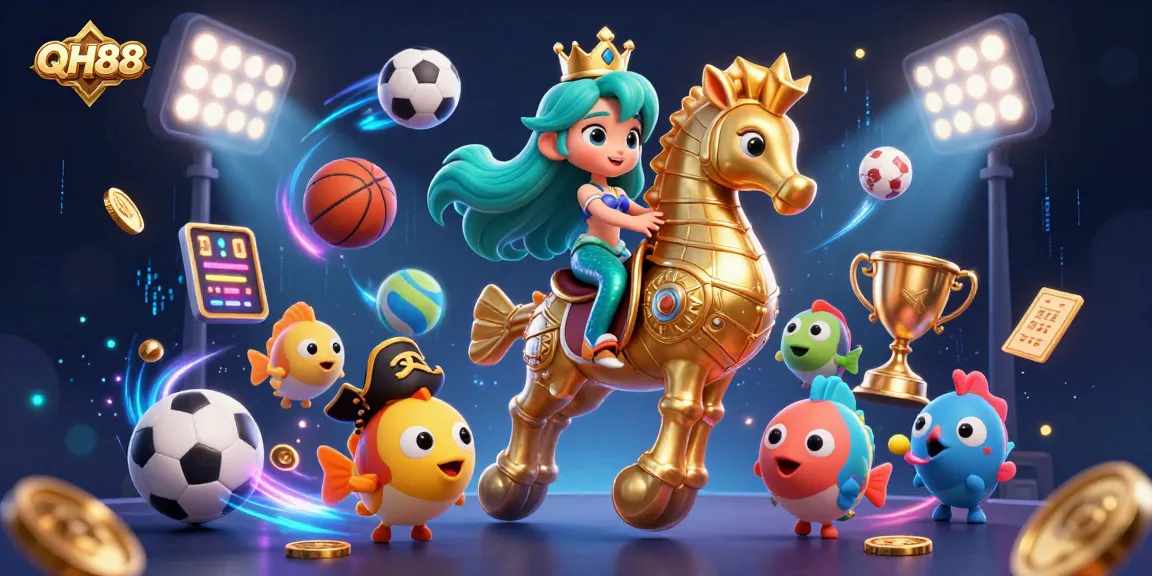 Experience thrilling gaming action at QH88 with vibrant scenes featuring a mermaid and sports elements.