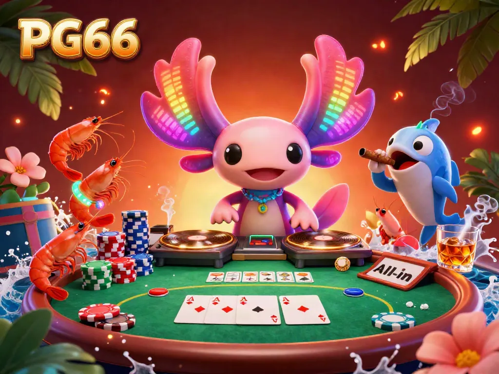Experience PG66's vibrant gaming scene with a neon axolotl DJ, poker elements, and festive atmosphere.