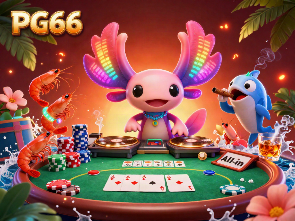 Experience PG66's vibrant gaming scene with a neon axolotl DJ, poker elements, and festive atmosphere.