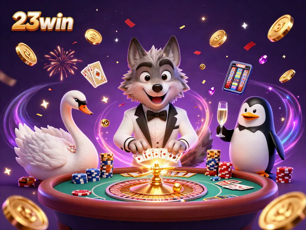 Experience exhilarating wins at 23win with a vibrant casino scene featuring a debonair wolf, a swan dealer, and an elegant penguin.