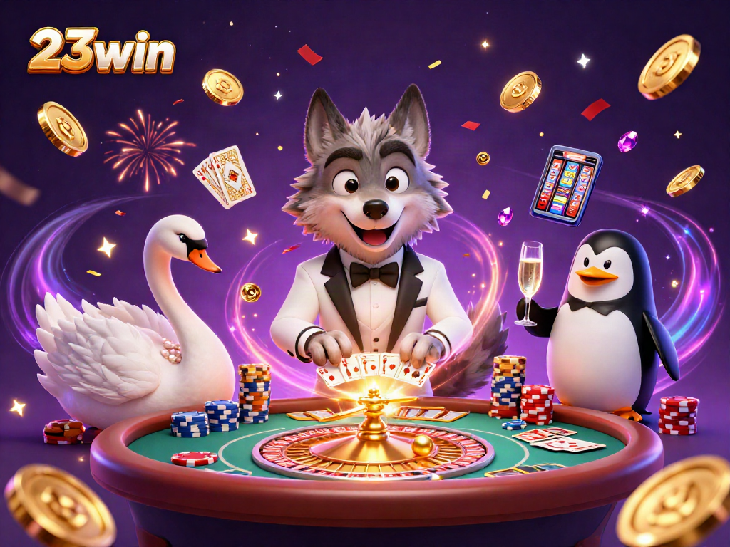 Experience exhilarating wins at 23win with a vibrant casino scene featuring a debonair wolf, a swan dealer, and an elegant penguin.