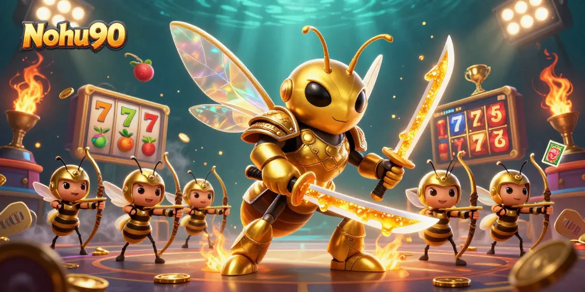 Nohu90's vibrant online casino scene featuring a golden samurai hornet surrounded by dynamic slot game elements.