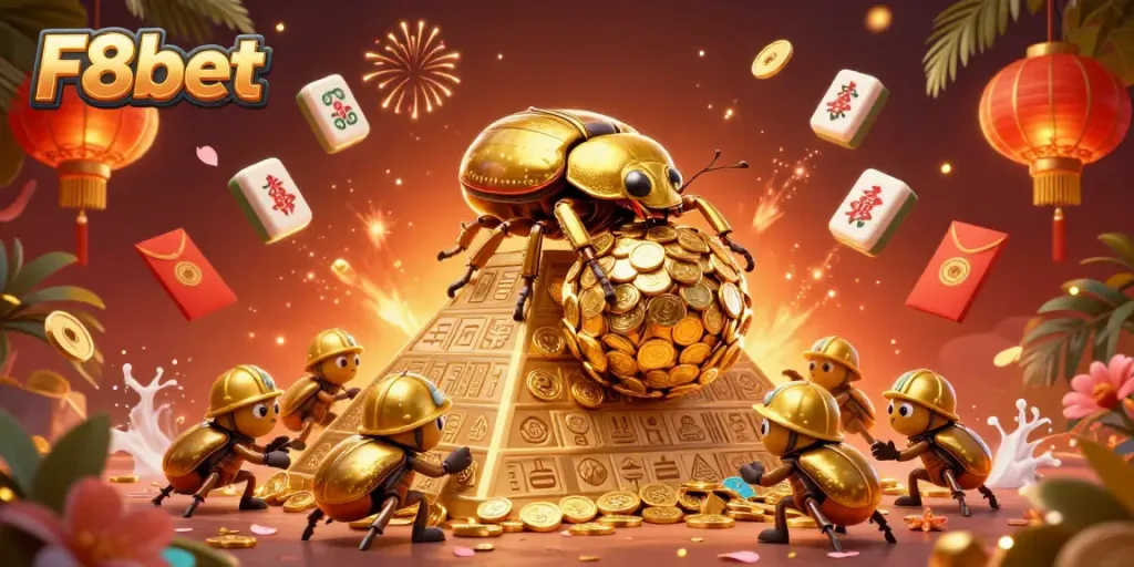 Experience excitement at F8bet with a golden beetle rolling coins in a vibrant casino scene.