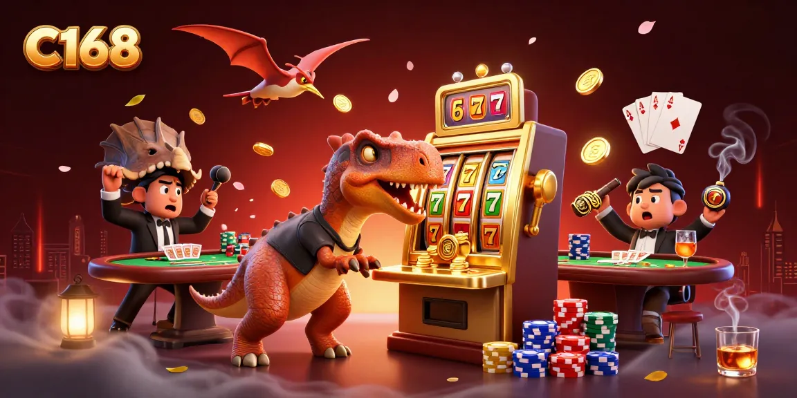C168 promotes a vibrant casino experience with a dinosaur winning at a slot machine, capturing dynamic gameplay