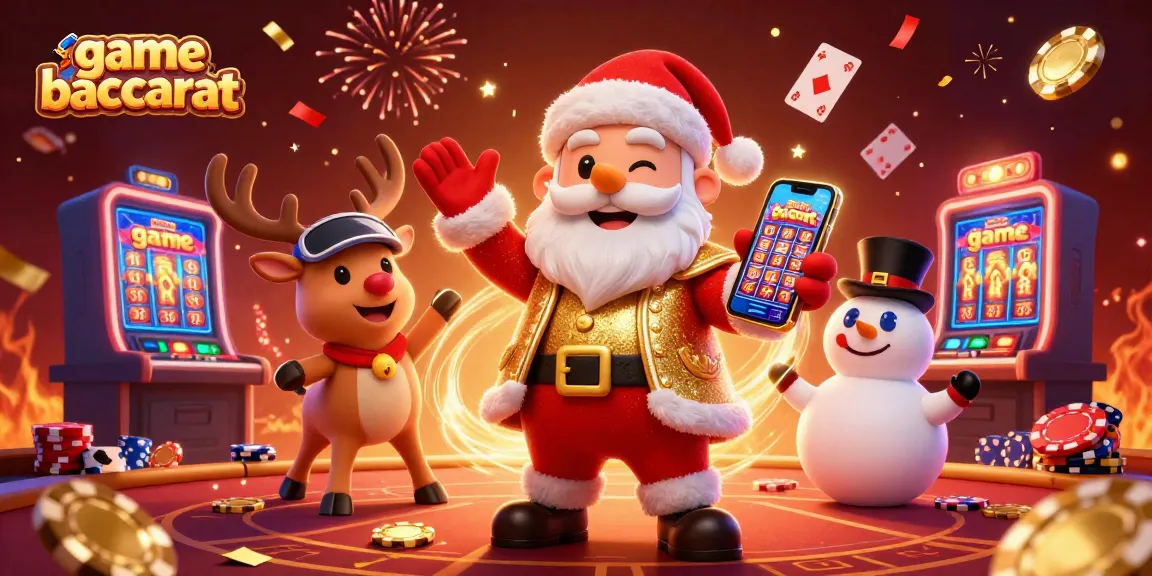 Experience the thrill of game baccarat with Santa and friends amidst a vibrant casino setting.