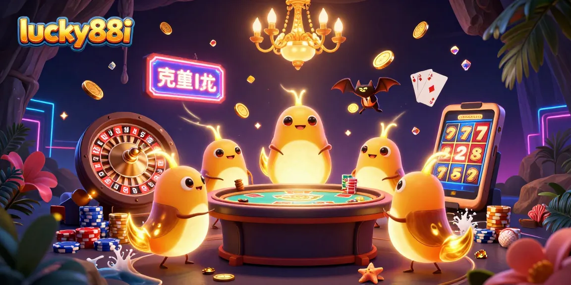Experience the excitement at lucky88i with glowing creatures lighting a casino scene filled with action.