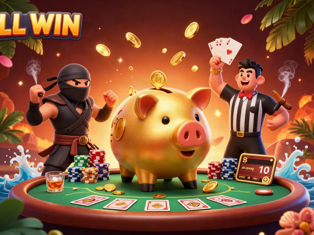 LL WIN showcases a dynamic casino scene with a sumo wrestler piggy bank unleashing coins, animated by gaming excitement.