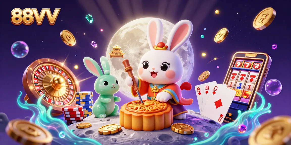 Experience thrilling games with 88VV's moon rabbit and poker chips glimmering in a vibrant casino landscape.