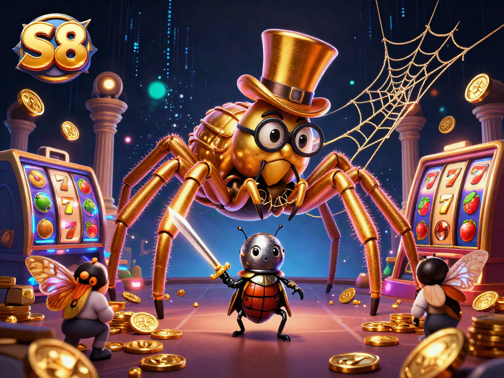 S8 showcases an excited scene of a golden tarantula and a beetle knight amidst spinning slot reels and coins.