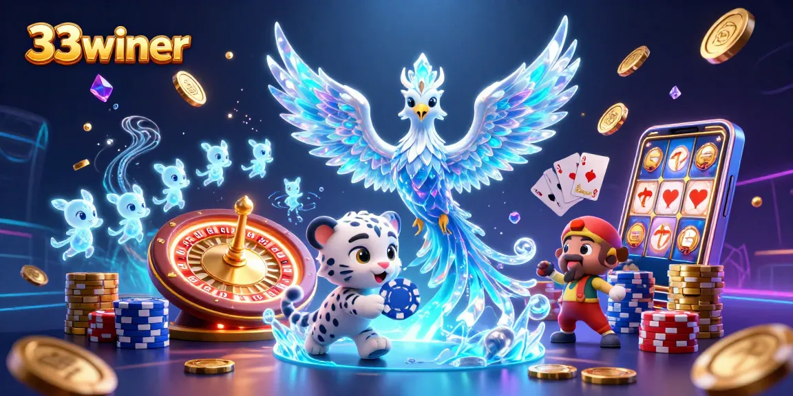 Engage with 33winer's vibrant 3D casino scene featuring an ice phoenix and poker excitement.