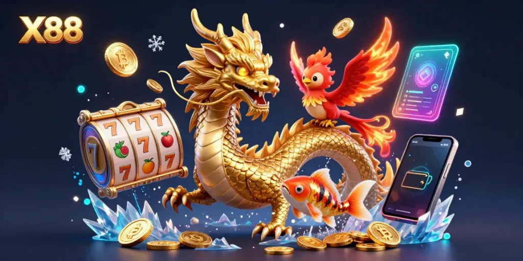 X88 themed 3D illustration showcasing a fierce dragon and phoenix above cascading coins and slot symbols.