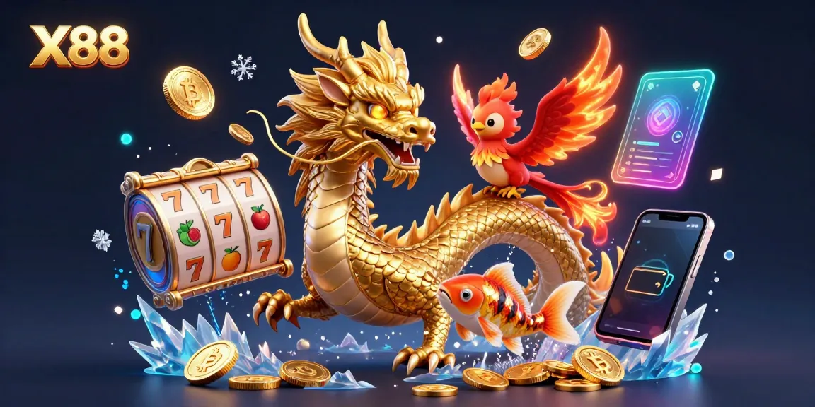X88 themed 3D illustration showcasing a fierce dragon and phoenix above cascading coins and slot symbols.