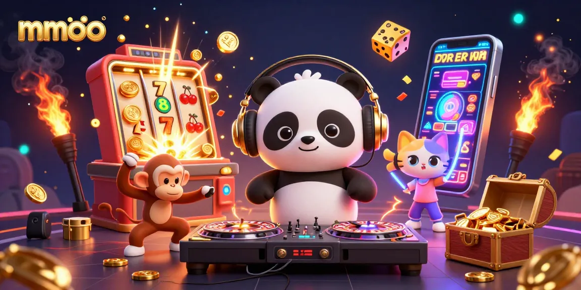 Join the fun at mmoo with a DJ panda and friends amidst a vibrant casino scene.