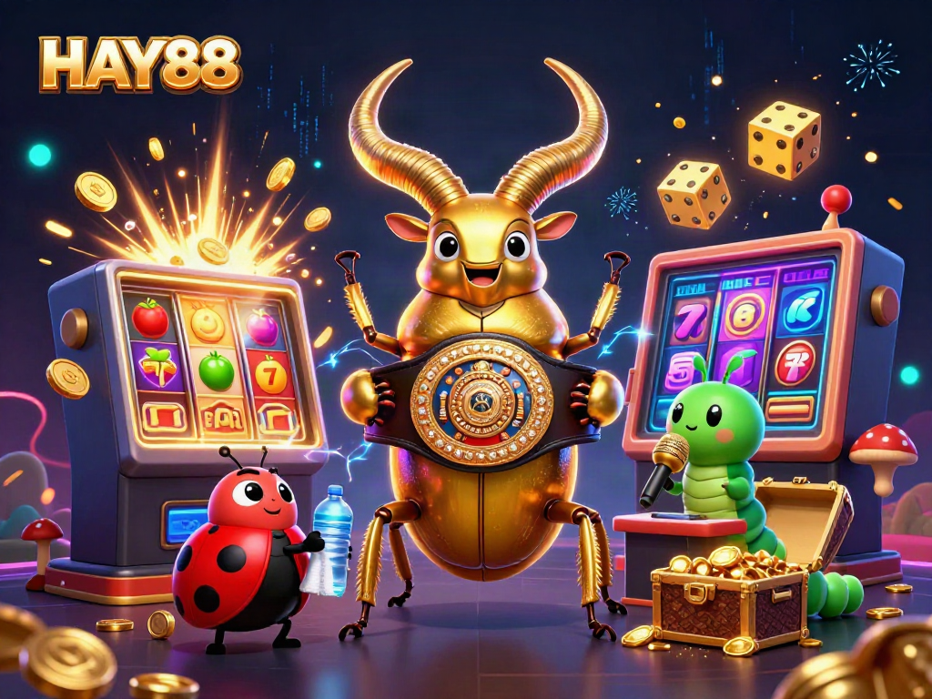 Engage in exciting casino action with HAY88 featuring a giant stag beetle and vibrant slot machine scene.