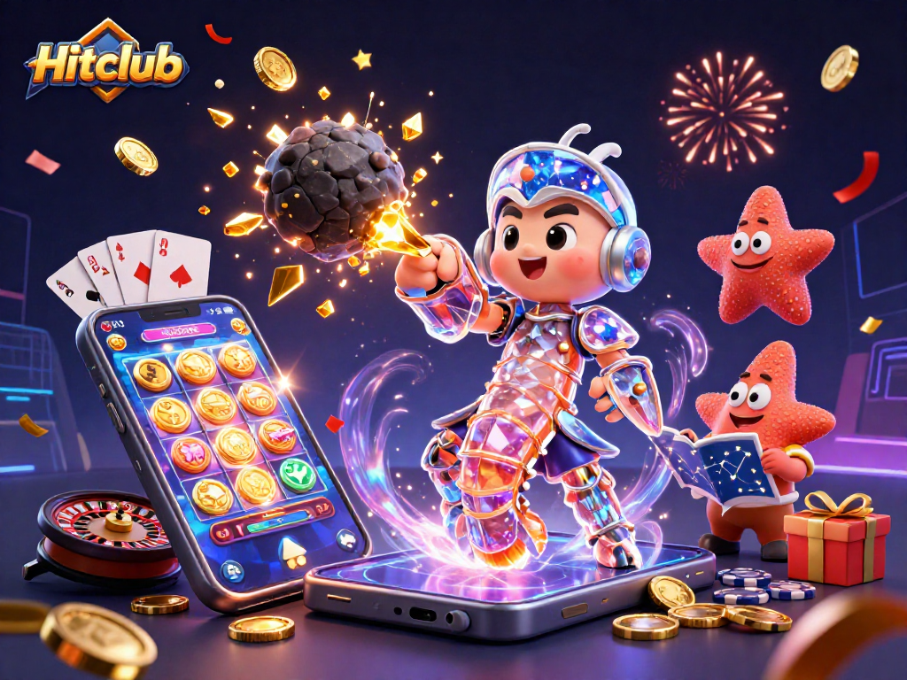 Hitclub features a galactic samurai mantis shrimp and starfish amidst a vibrant casino scene.
