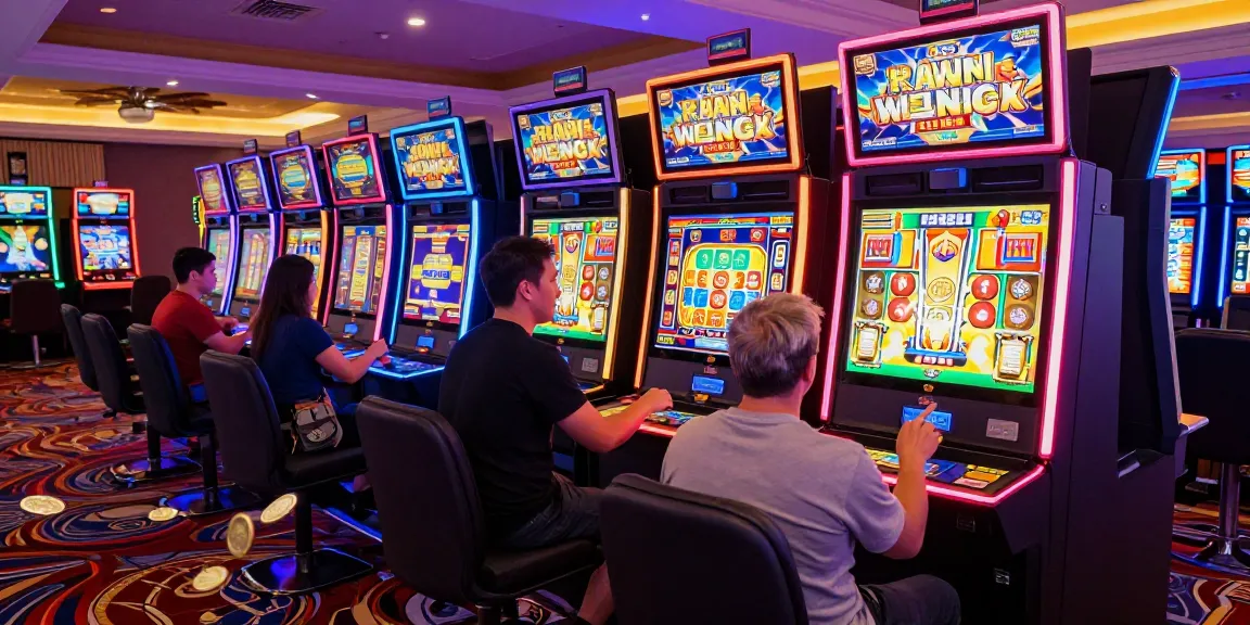 Bonus buy casino UK featuring players engaging with vibrant slot machines.