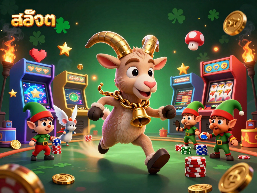 Play สล็อต at a vibrant holiday-horror casino with a Krampus goat and mischievous elves.