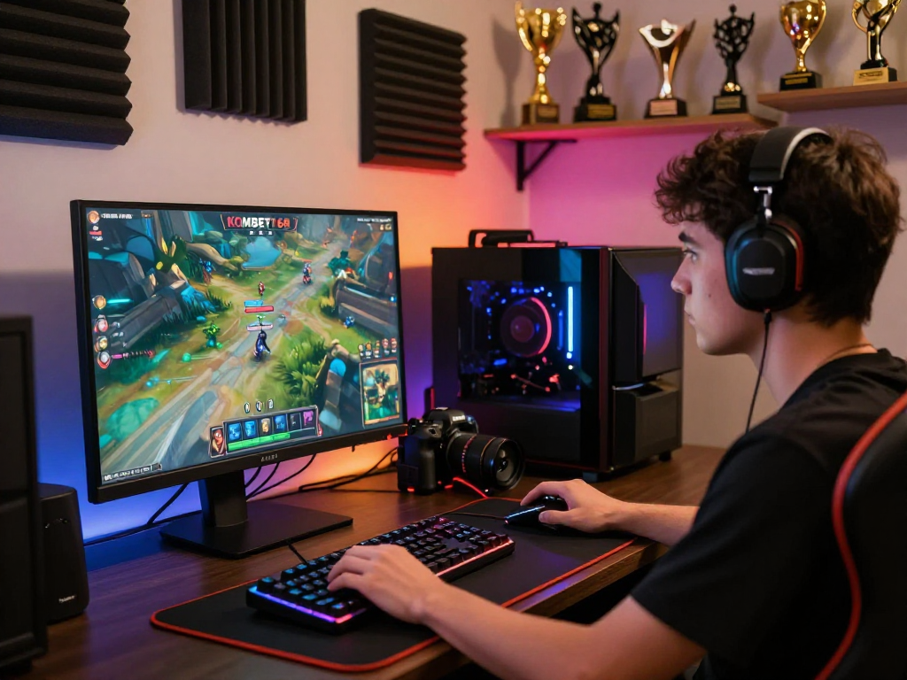 Engaged gamer playing KOMBET168 in a dynamic gaming setup with colorful LED lights and high-resolution display.