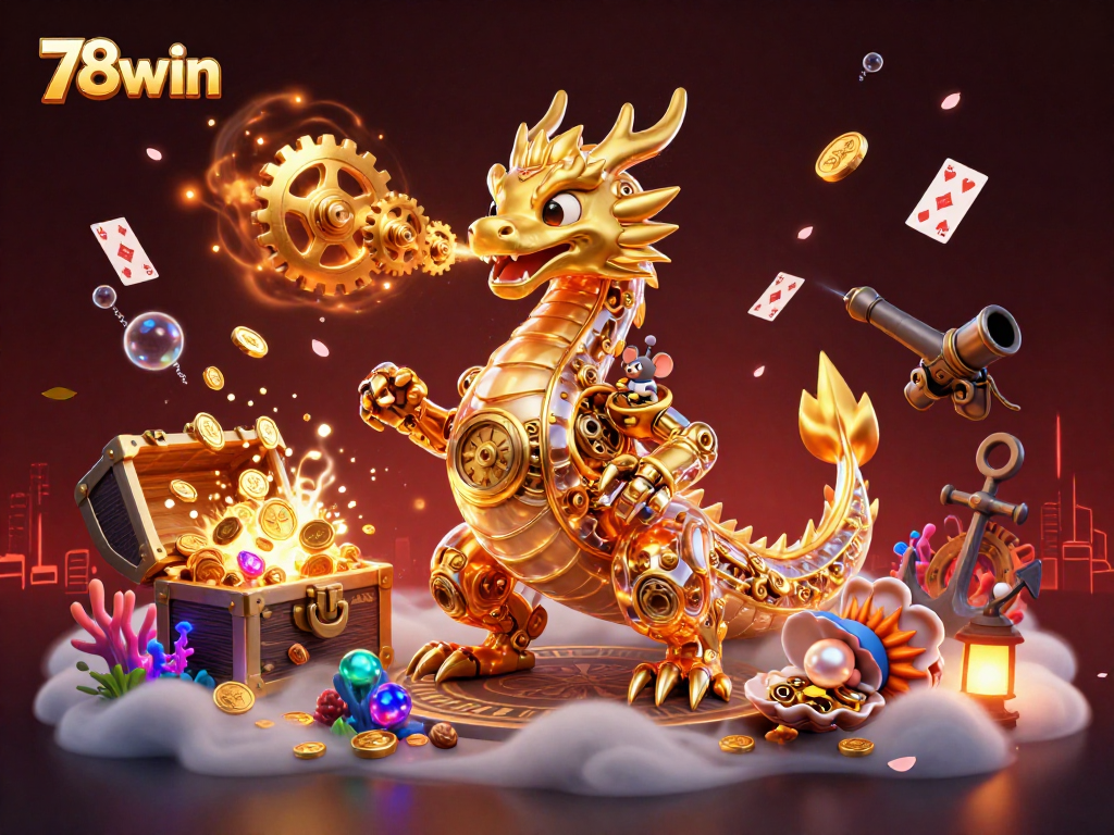 Experience thrilling adventures at 78win with a golden dragon and mesmerizing casino elements.
