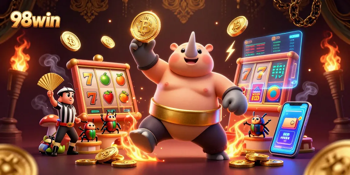 Experience exciting gameplay at 98win with a dynamic illustration featuring a sumo beetle champion amidst coins and slots.